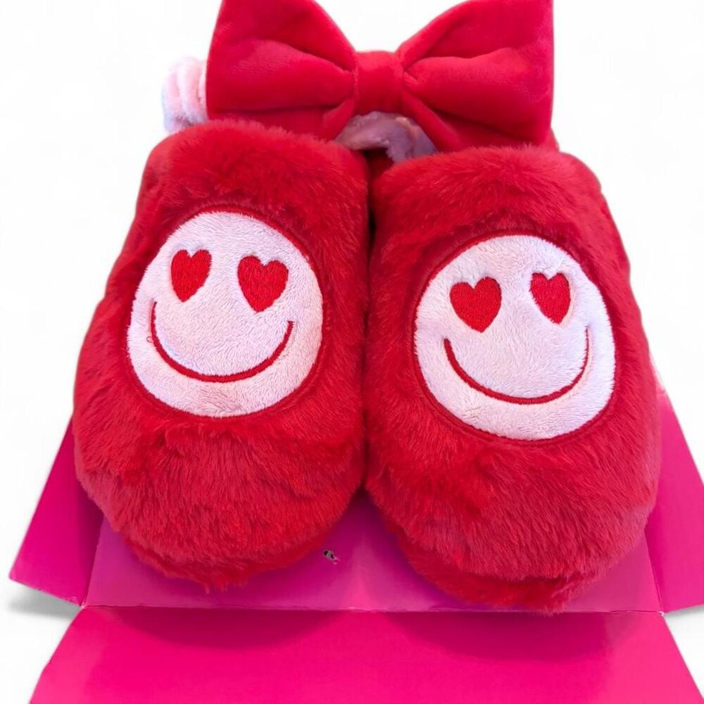 Red Heart-Eyes Smiley Fuzzy Slippers & Matching Bow Headband Set